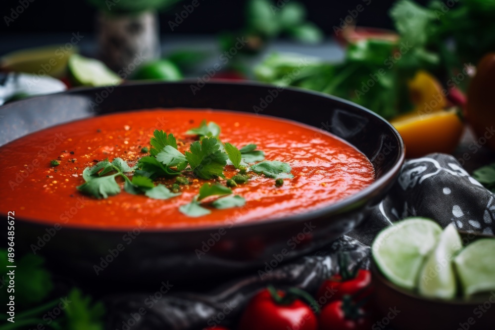 Close up of a gazpacho in bowl with herbs Close up of a gazpacho in bowl with herbs