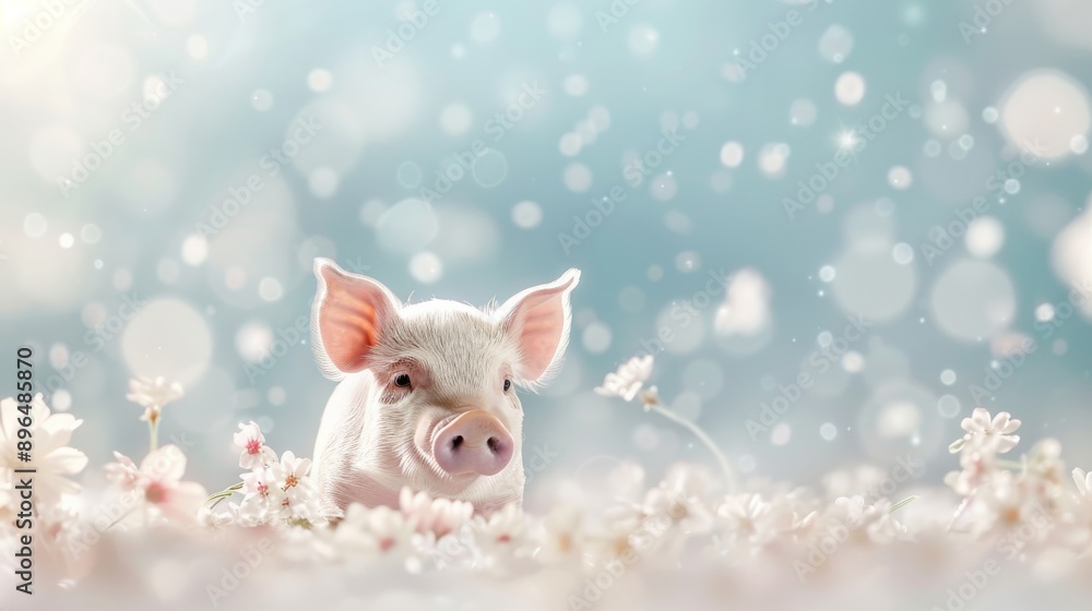 A cute piglet surrounded by delicate flowers, capturing a joyful and serene moment in nature with soft bokeh background. A cute piglet surrounded by delicate flowers, capturing a joyful and serene moment in nature with soft bokeh background.
