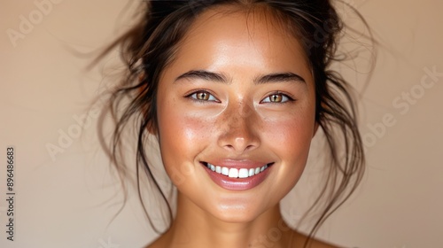 Skincare commercial model, full face portrait of an asian woman with hair pulled back.