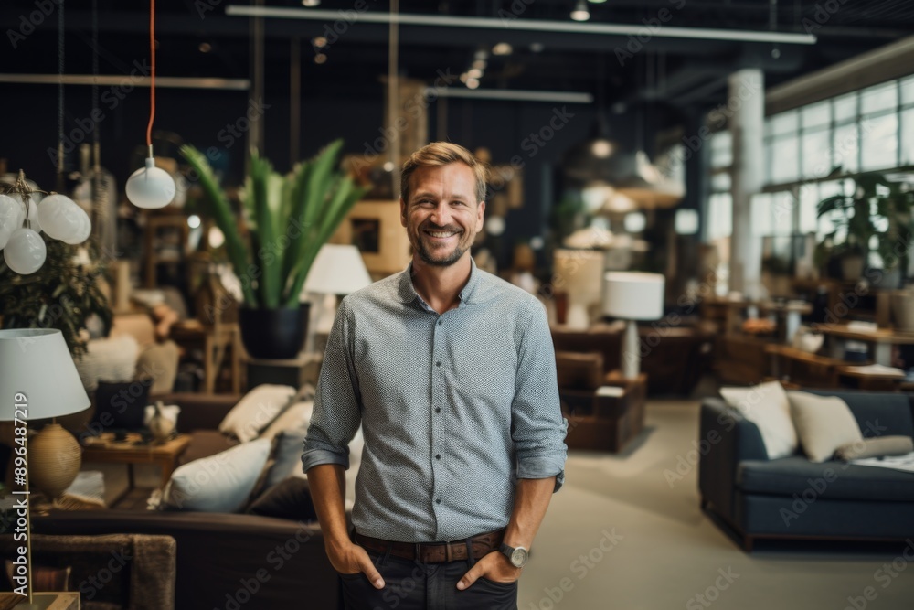 Smiling portrait of a young salesman in furniture store Smiling portrait of a young salesman in furniture store