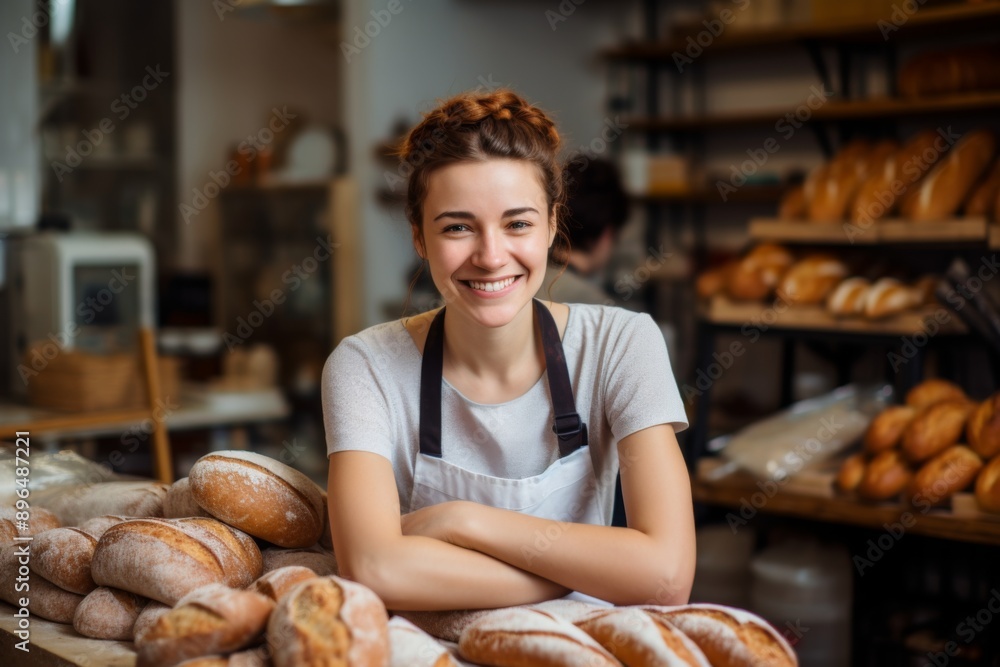Smiling portrait of a female worker at bakery in France Smiling portrait of a female worker at bakery in France