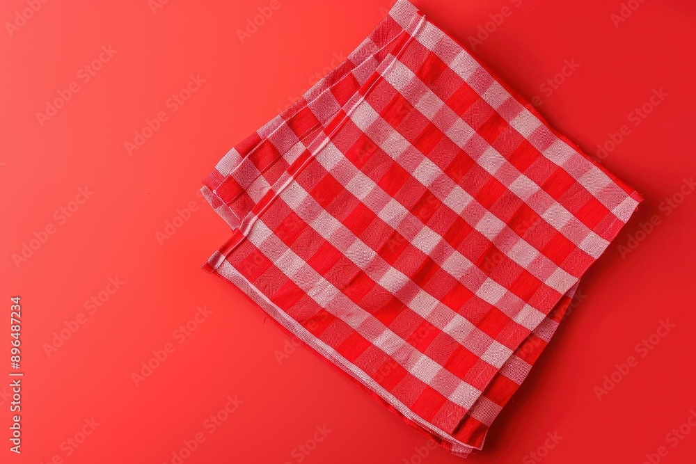 Red empty kitchen napkin isolated on table background for mockup flat lay with minimal style Red empty kitchen napkin isolated on table background for mockup flat lay with minimal style