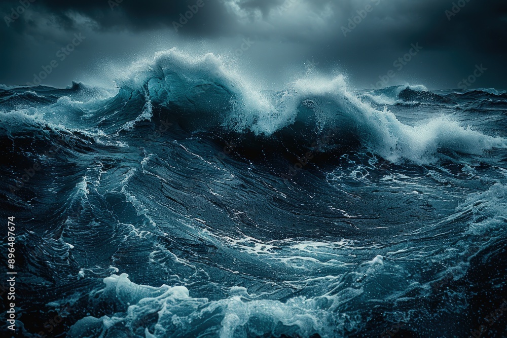 A photo of the ocean with dark stormy waves, cloudy sky, and rough sea in dark blue. A photo of the ocean with dark stormy waves, cloudy sky, and rough sea in dark blue.