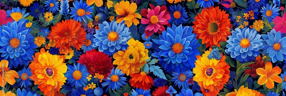 Vibrant Floral Pattern with Blue, Yellow, Orange and Red Flowers Vibrant Floral Pattern with Blue, Yellow, Orange and Red Flowers