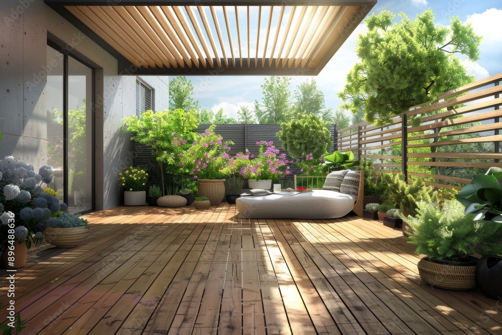 Modern terrace with wood deck flooring fence and plants Modern terrace with wood deck flooring fence and plants