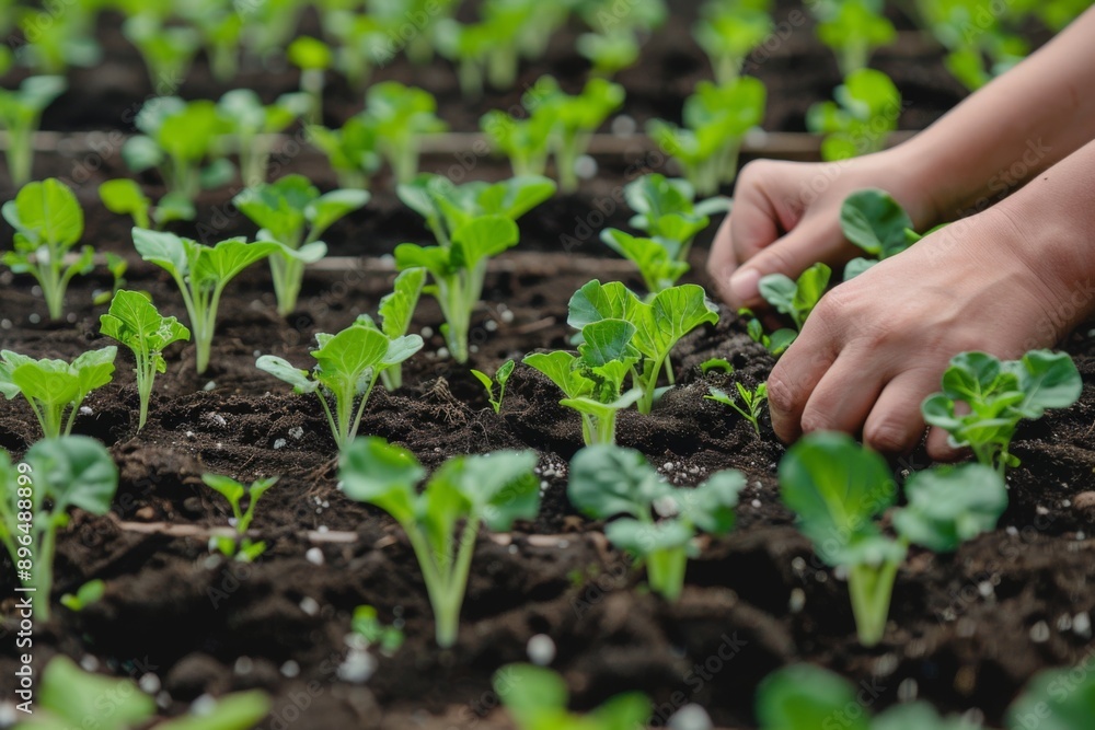 Close up of hands planting seedlings in neat row Close up of hands planting seedlings in neat row