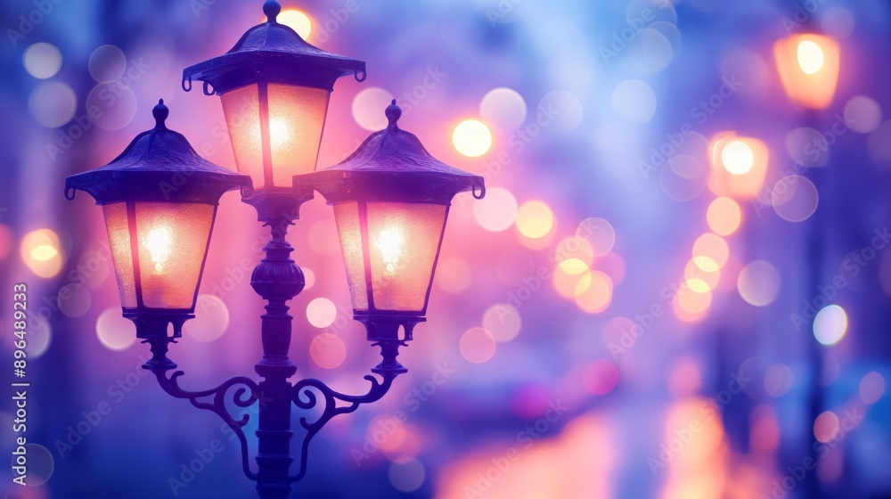 Illuminated Street Lamp with Bokeh Lights in a Cityscape Illuminated Street Lamp with Bokeh Lights in a Cityscape