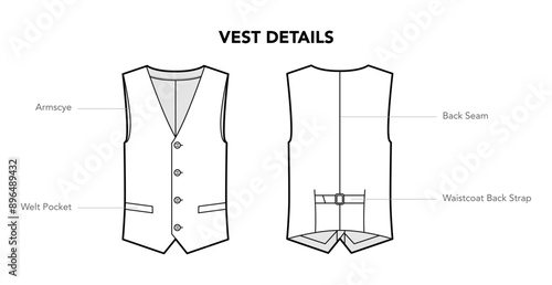 Set of Vest Details, diagram with names styles technical fashion illustration. Flat apparel template front, back view. Women, men unisex CAD mockup isolated on white background