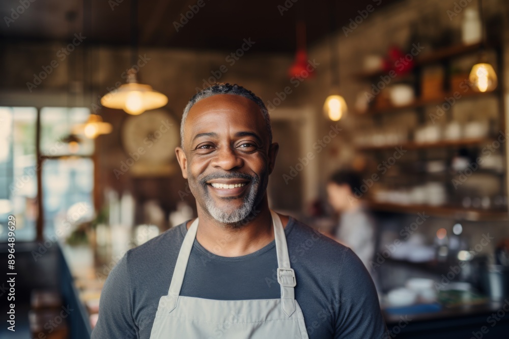 Smiling portrait of a confident middle aged male African American bartender Smiling portrait of a confident middle aged male African American bartender