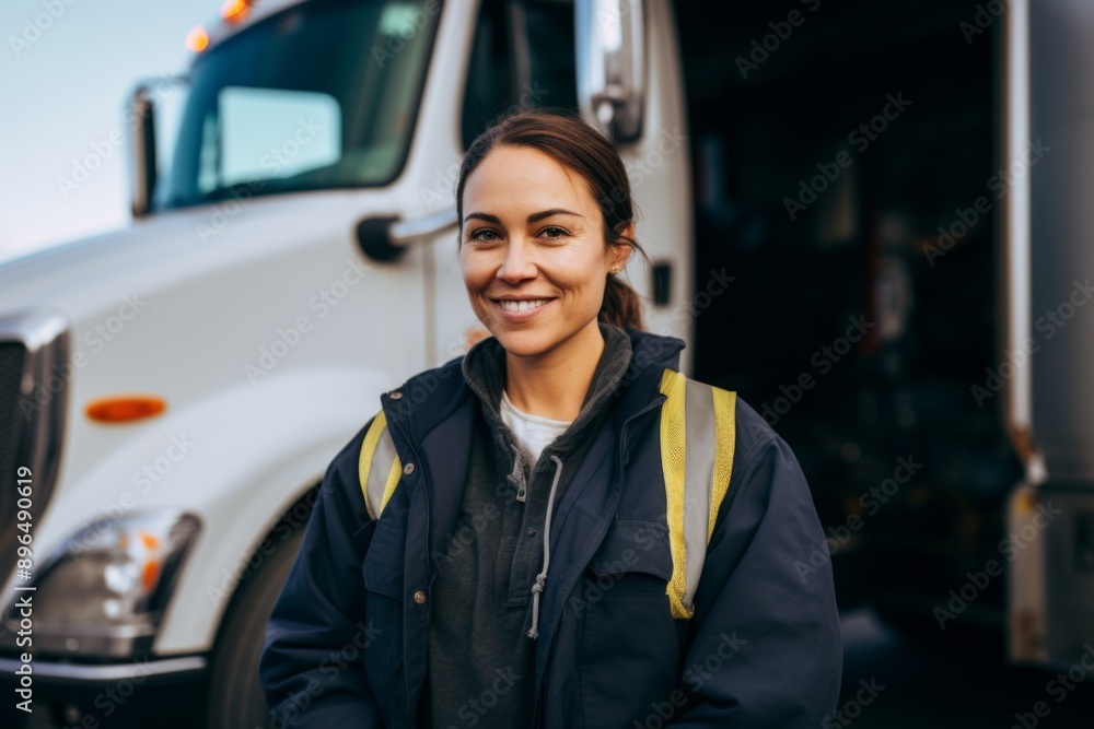 Smiling portrait of a middle aged female truck driver Smiling portrait of a middle aged female truck driver