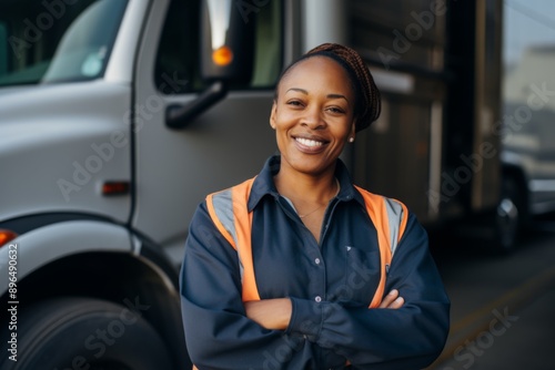 Smiling portrait of a middle aged female truck driver