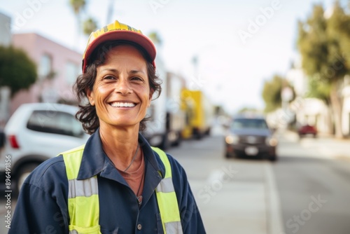 Portrait of a smiling middle aged female sanitation worker