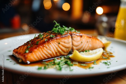 Close up of cooked salmon served in a restaurant