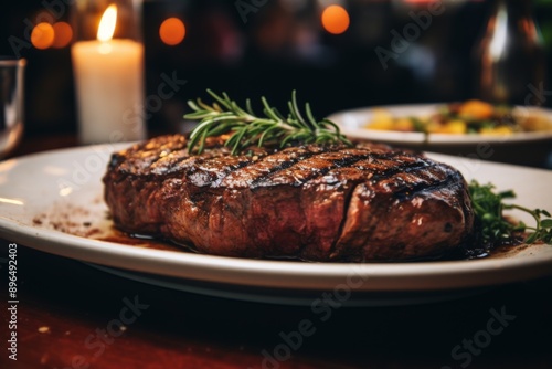 Close up of a medium rare steak served in a restaurant