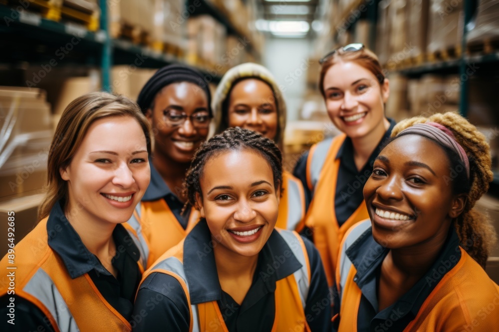 Group portrait of diverse female warehouse workers smiling Group portrait of diverse female warehouse workers smiling