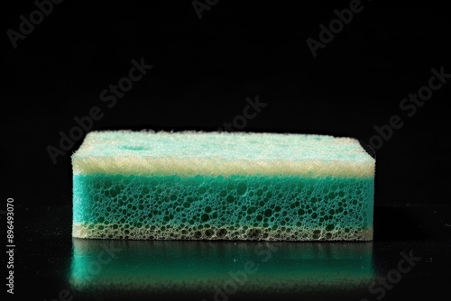 Scrub sponge for cleaning kitchen items soft and lathered with green rough pad photo