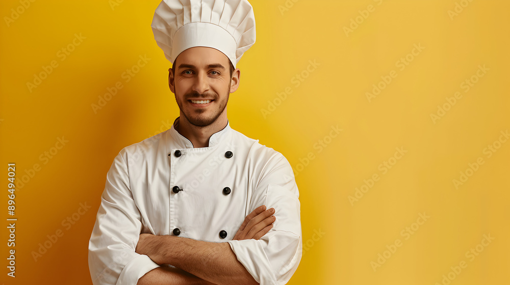 A chef with a hat on a yellow background.
A chef with a hat on a yellow background.