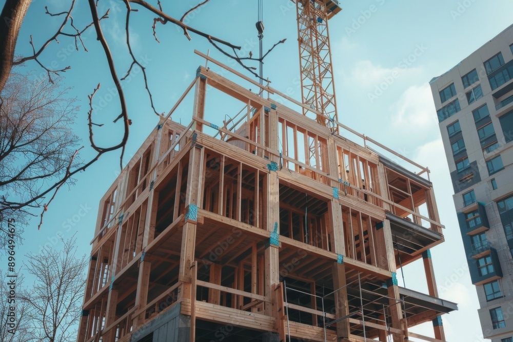 Wooden building module raised by crane Wooden building module raised by crane