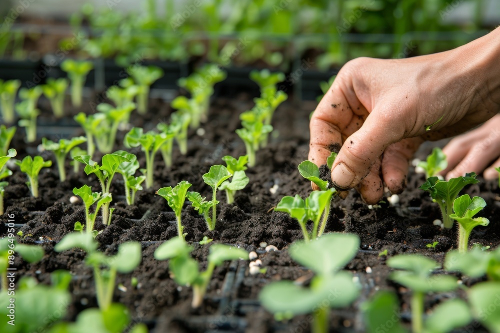 Close up of hands planting seedlings in neat row Close up of hands planting seedlings in neat row