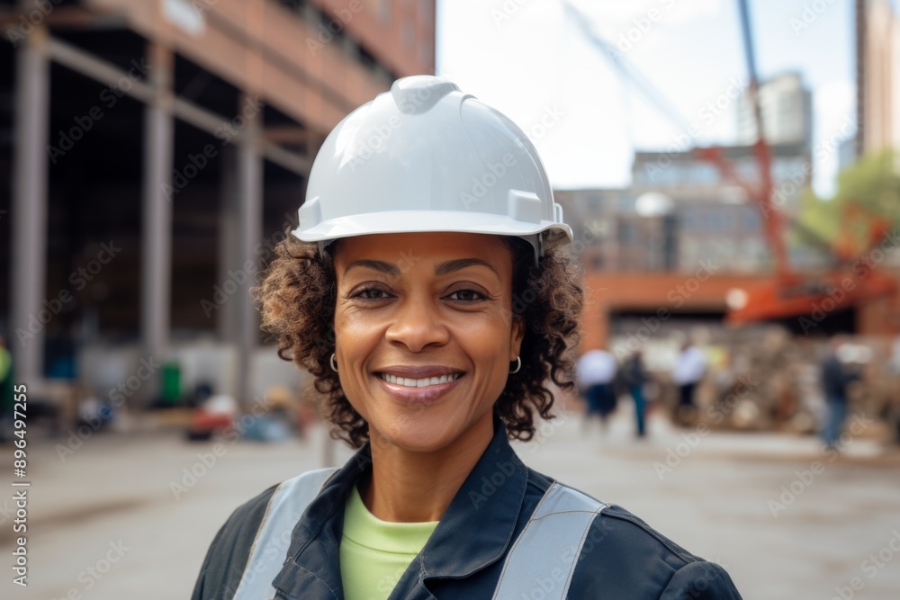 Portrait of a smiling African American mature businesswoman on construction site Portrait of a smiling African American mature businesswoman on construction site