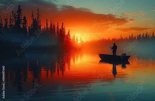 A silhouette of an angler on the water at dawn, casting his line into calm waters near lakes. © Ghiska