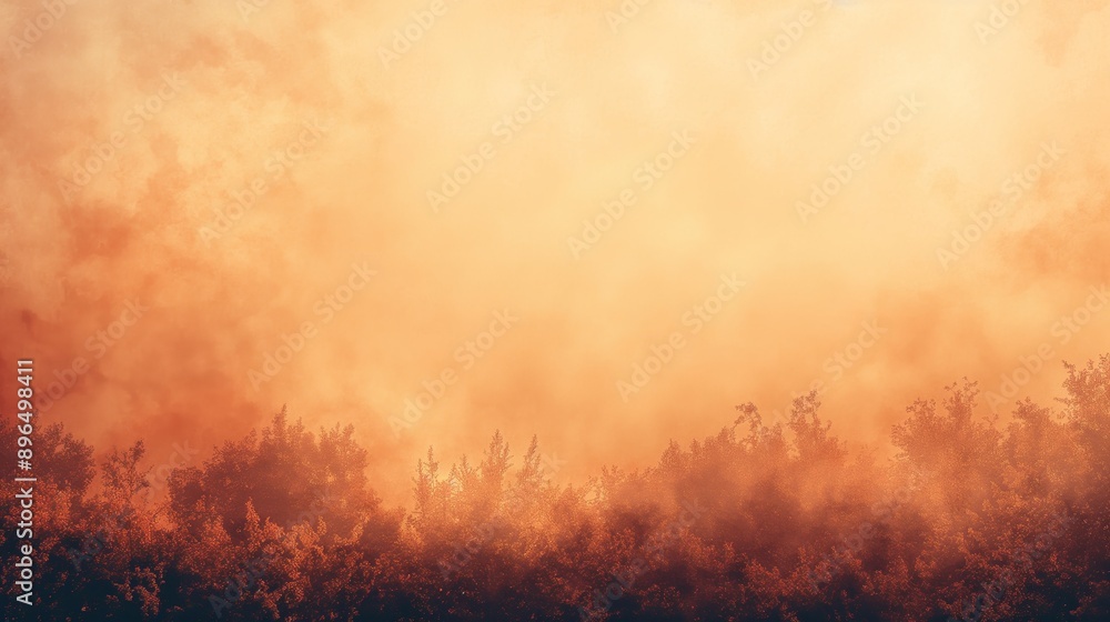 Orange Smoke Over Forest Silhouette Orange Smoke Over Forest Silhouette