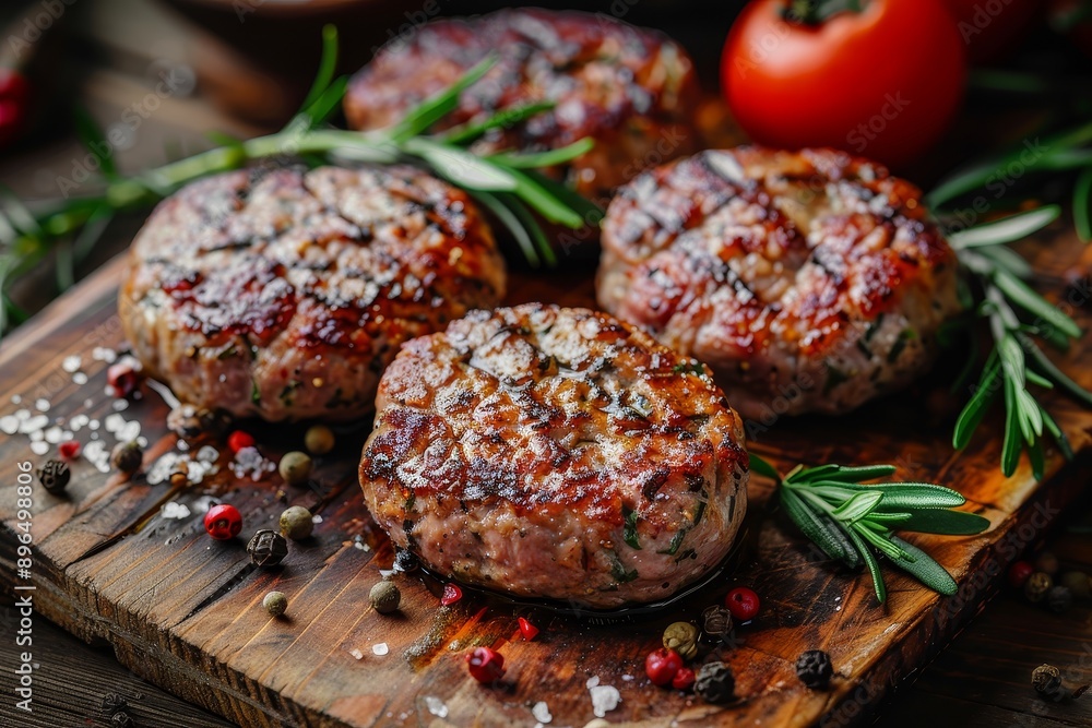 Focus on rustic wooden table with juicy meat cutlets Focus on rustic wooden table with juicy meat cutlets