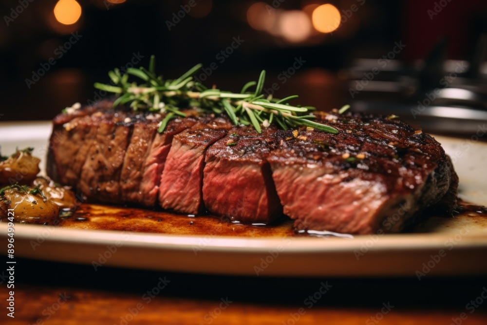 Close up of a medium rare steak served in a restaurant Close up of a medium rare steak served in a restaurant