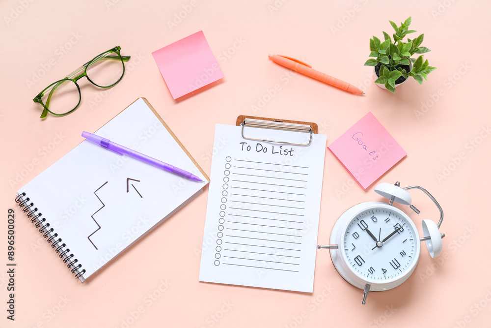 Sticky note with text GOALS, todo list, notebook and alarm clock on pink background Sticky note with text GOALS, todo list, notebook and alarm clock on pink background