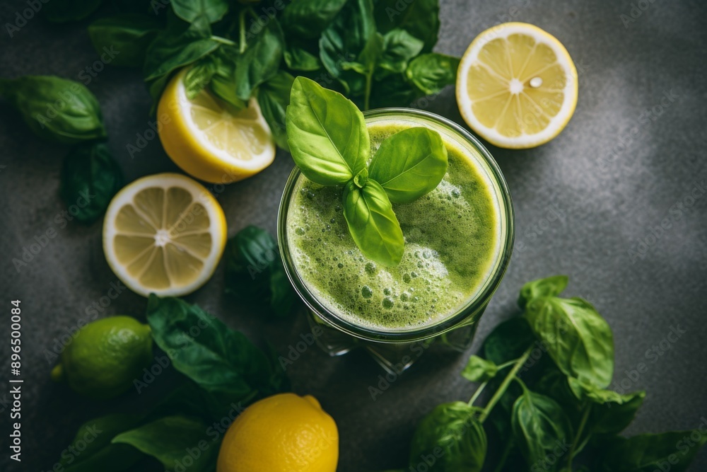 Top view of a healthy green smoothie or shake on countertop Top view of a healthy green smoothie or shake on countertop