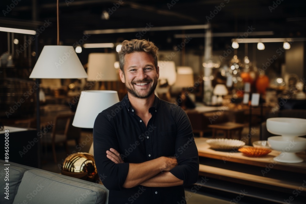 Smiling portrait of a young salesman in furniture store Smiling portrait of a young salesman in furniture store