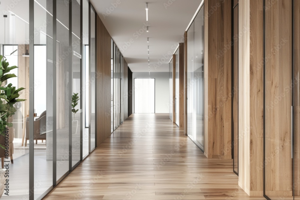 Fototapeta premium Corridor of a company with wooden walls vertical glass doors