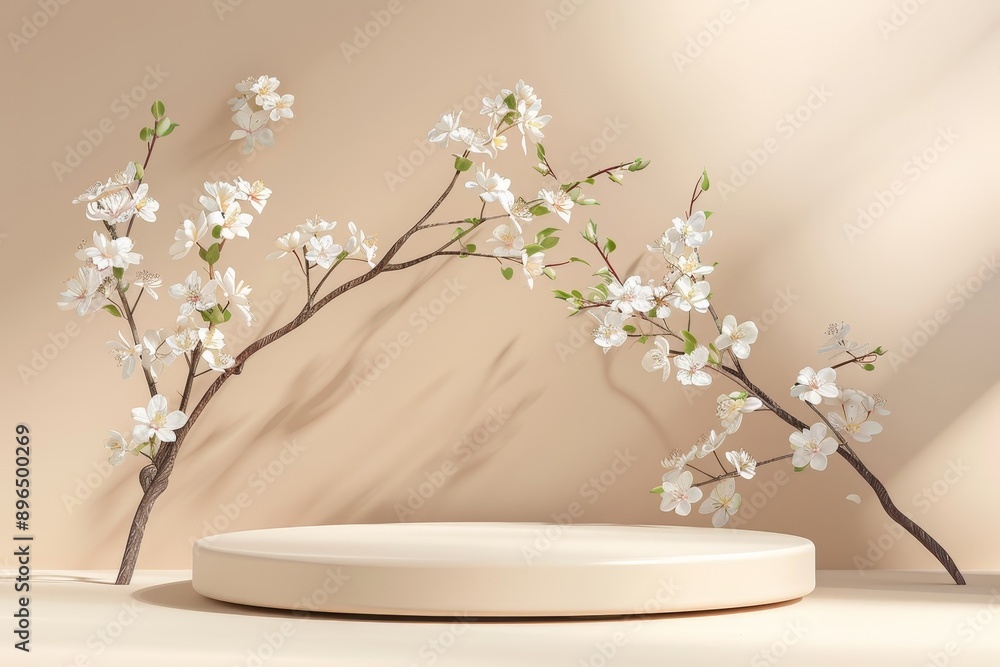 Front view of geometric podium with white spring flowers on pastel beige background