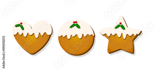 Christmas Gingerbread Cookies. Set of winter sweet homemade biscuits in the form of different shapes and holiday items isolated on white background. Cute Cartoon vector illustration