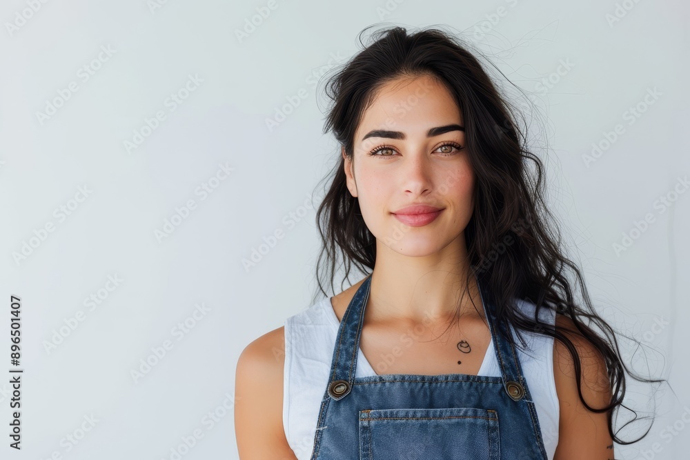 Gorgeous woman in pristine denim apron on plain white backdrop Gorgeous woman in pristine denim apron on plain white backdrop