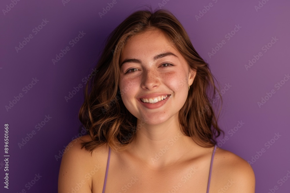 Young woman smiling against a purple background Young woman smiling against a purple background