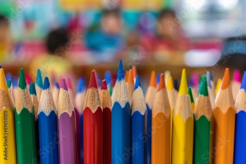 Close up of coloring pencils in a classroom