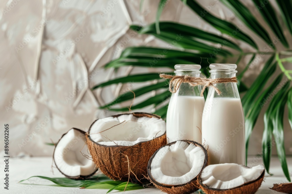 Fresh coconut milk in glass bottles with halves of coconut Fresh coconut milk in glass bottles with halves of coconut