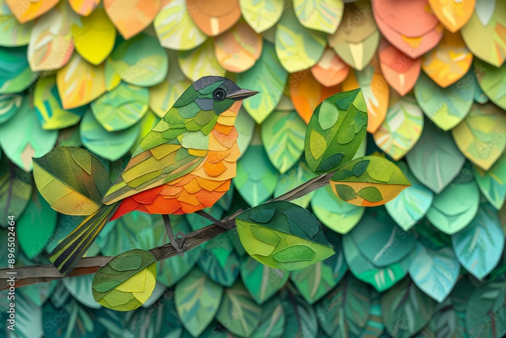 Obraz premium Papercut Bird in a Green and Orange Leafy Background