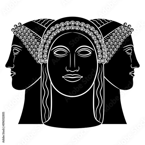 Triple goddess. Female triad. Hecate. Creative mythological concept. Three women faces. Philosophical symbol. Black and white silhouette.