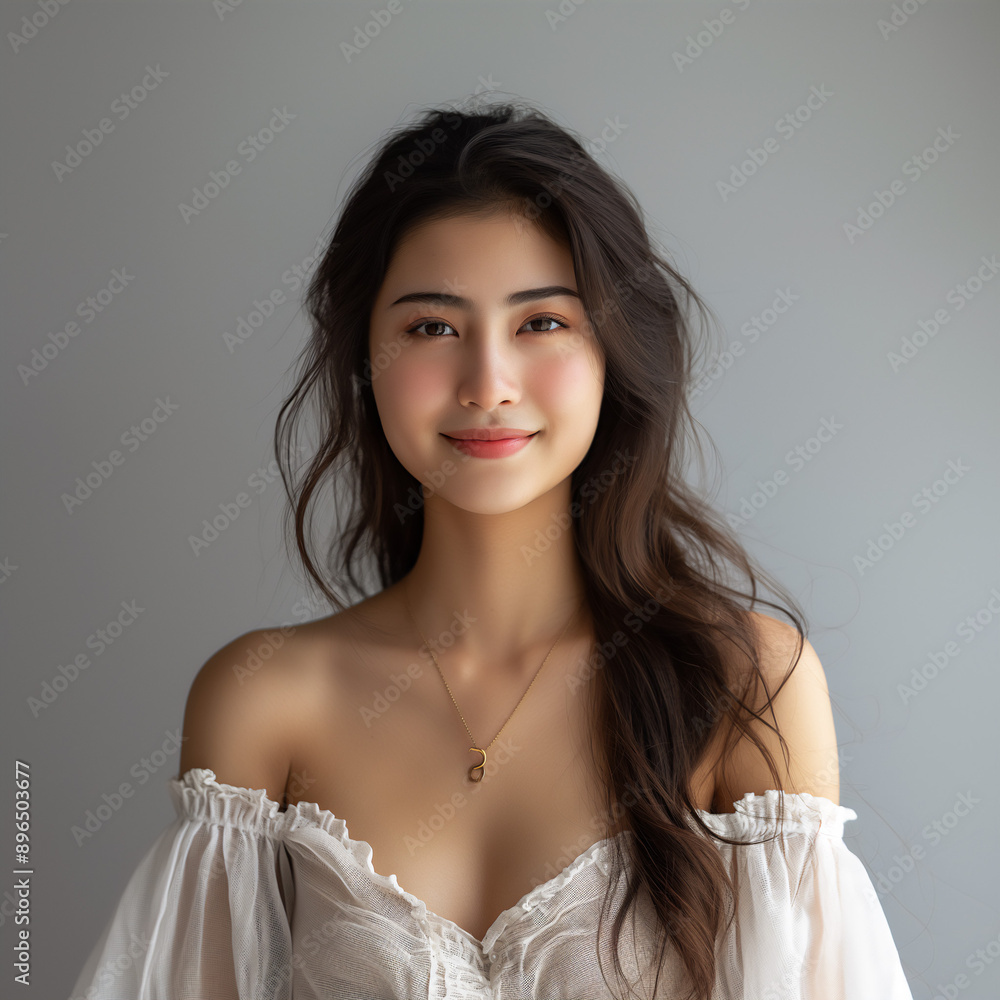 Portrait of beautiful Asian young woman with white dress, studio shot gray background, beauty and cosmetics concept Portrait of beautiful Asian young woman with white dress, studio shot gray background, beauty and cosmetics concept