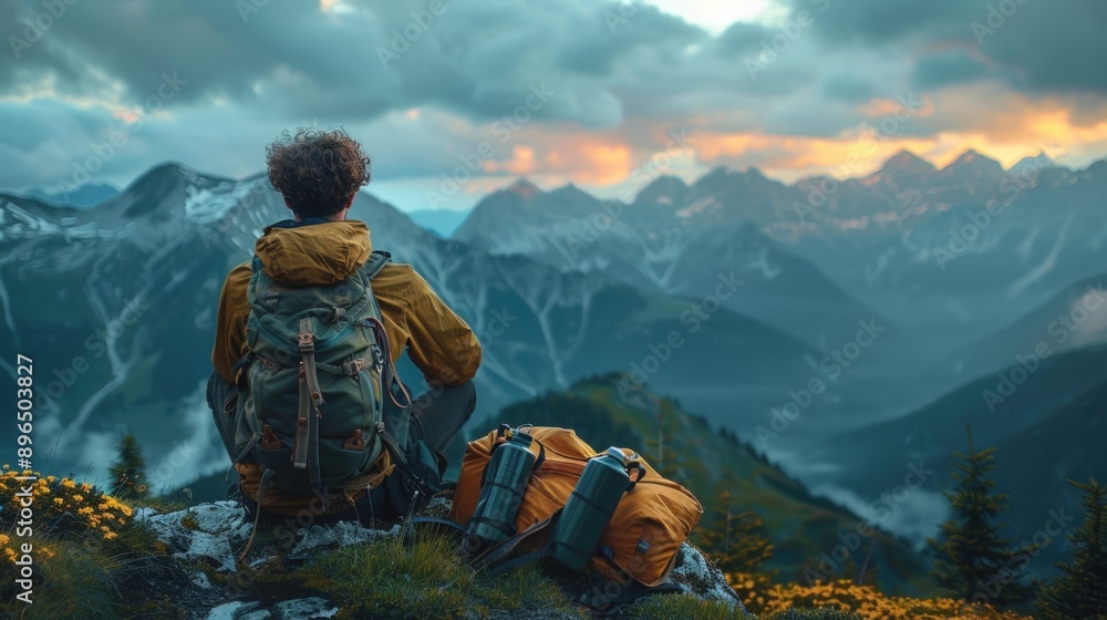 Fototapeta premium A man in a green jacket sitting on the edge of a mountain top. Generate AI image