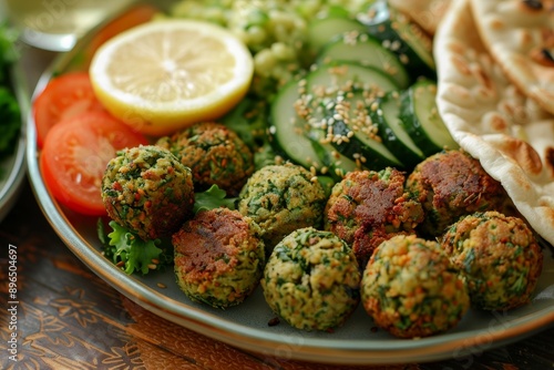 Herb spiced homemade chickpea balls served with Egyptian flatbread lemon tomato cucumber and tahina sauce