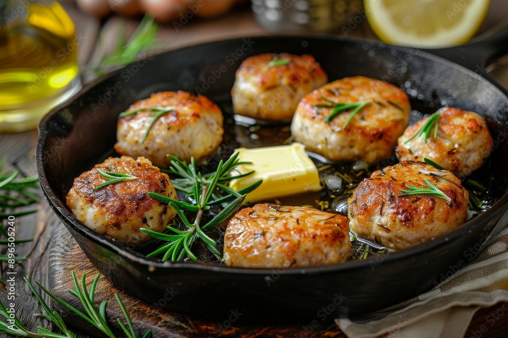 Homemade fish meatballs cooked in a cast iron pan with butter and garnished with rosemary leaves Homemade fish meatballs cooked in a cast iron pan with butter and garnished with rosemary leaves
