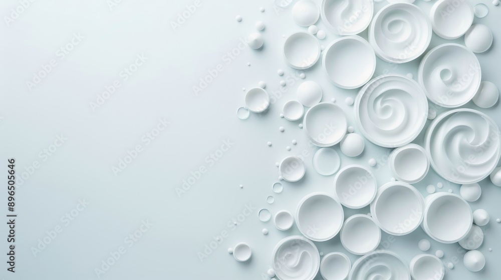 A soothing composition of white spirals and bubbles on a soft pastel background, perfect for designs focused on calmness and purity. A soothing composition of white spirals and bubbles on a soft pastel background, perfect for designs focused on calmness and purity.