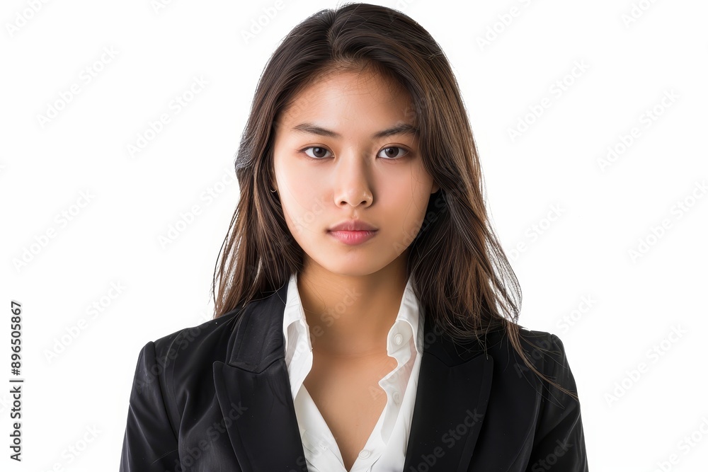 Image of young Asian female entrepreneur on blank backdrop Image of young Asian female entrepreneur on blank backdrop
