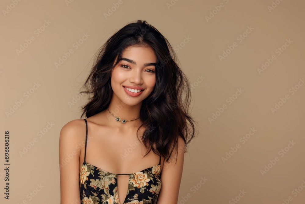 Indian woman admiring ad design on beige background Indian woman admiring ad design on beige background