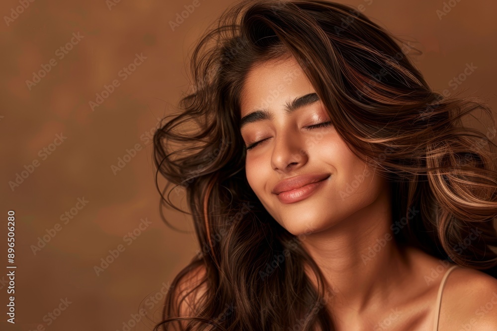 © VolumeThings - Indian woman with beautiful brown hair and makeup posing in a salon with a studio background showcasing her stylish hairstyle and happy expression after receivi