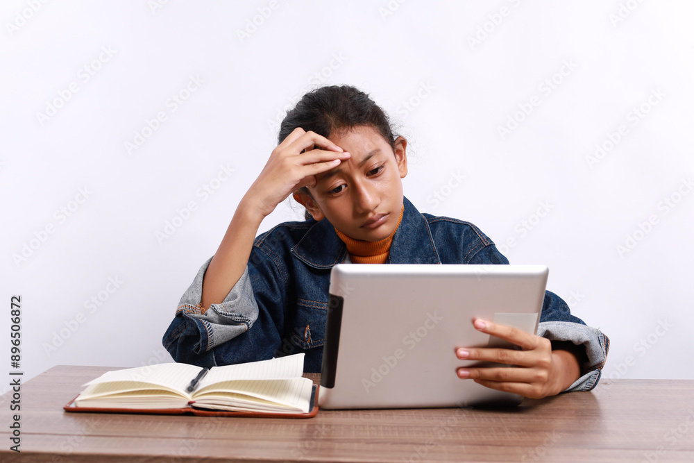 asian child headache on studying online class or kid girl student thinking or stressed learning on computer tablet by video call or person learn from home school and holding to head asian child headache on studying online class or kid girl student thinking or stressed learning on computer tablet by video call or person learn from home school and holding to head