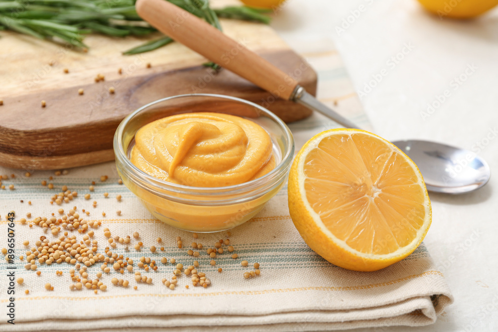 Bowl with creamy mustard, spoon and lemon on white background Bowl with creamy mustard, spoon and lemon on white background